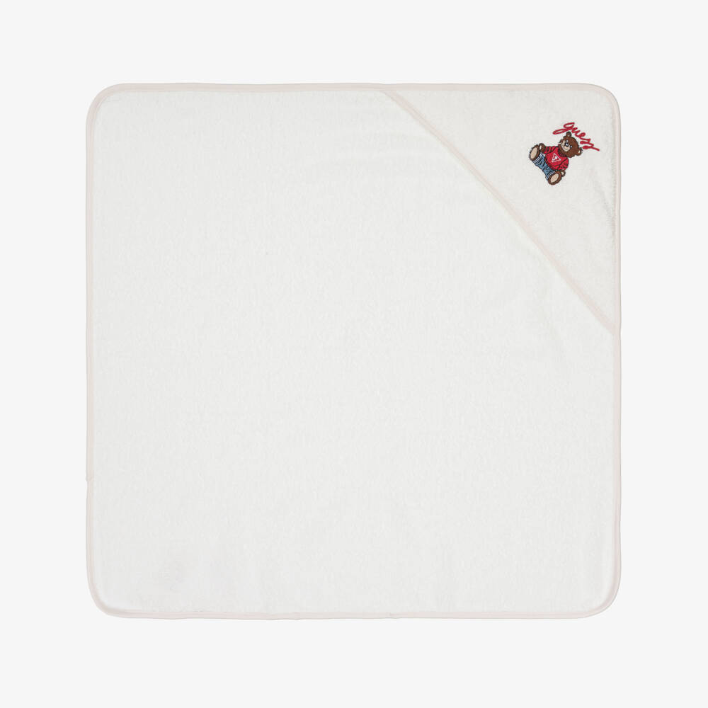 Guess-White Cotton Hooded Towel with Teddy Logo (70cm) | Childrensalon Outlet