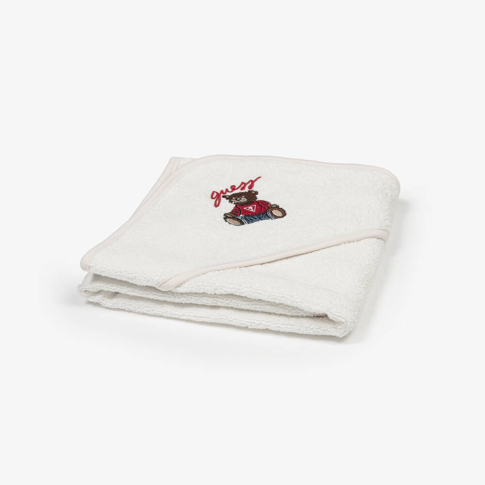 Guess-White Cotton Hooded Towel with Teddy Logo (70cm) | Childrensalon Outlet