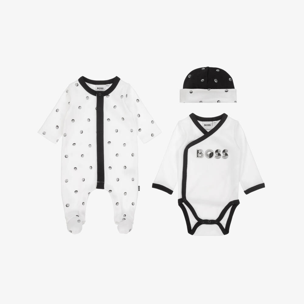 BOSS-White Cotton Jersey Babysuit Set With Black Logo Detailing | Childrensalon Outlet