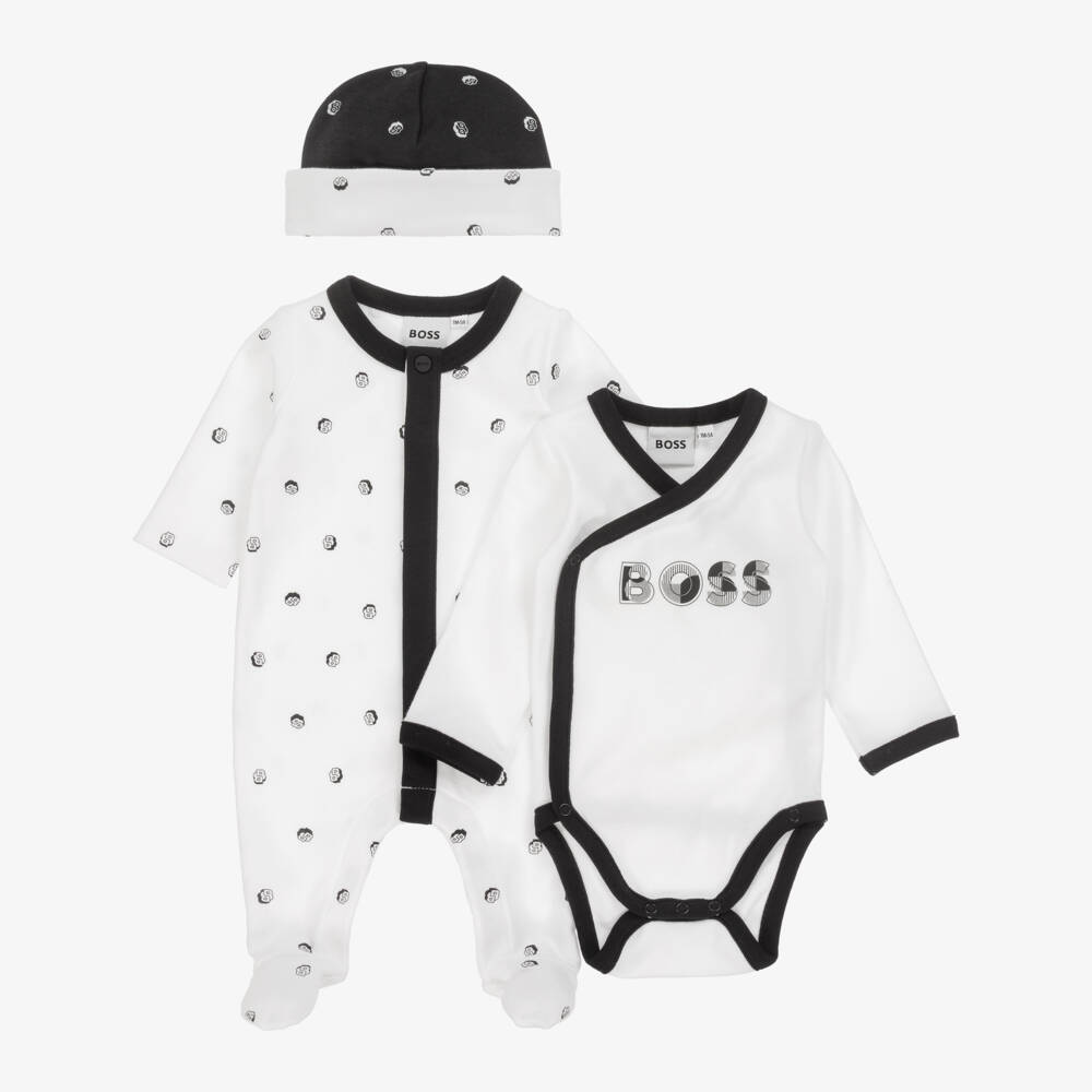 BOSS-White Cotton Jersey Babysuit Set With Black Logo Detailing | Childrensalon Outlet