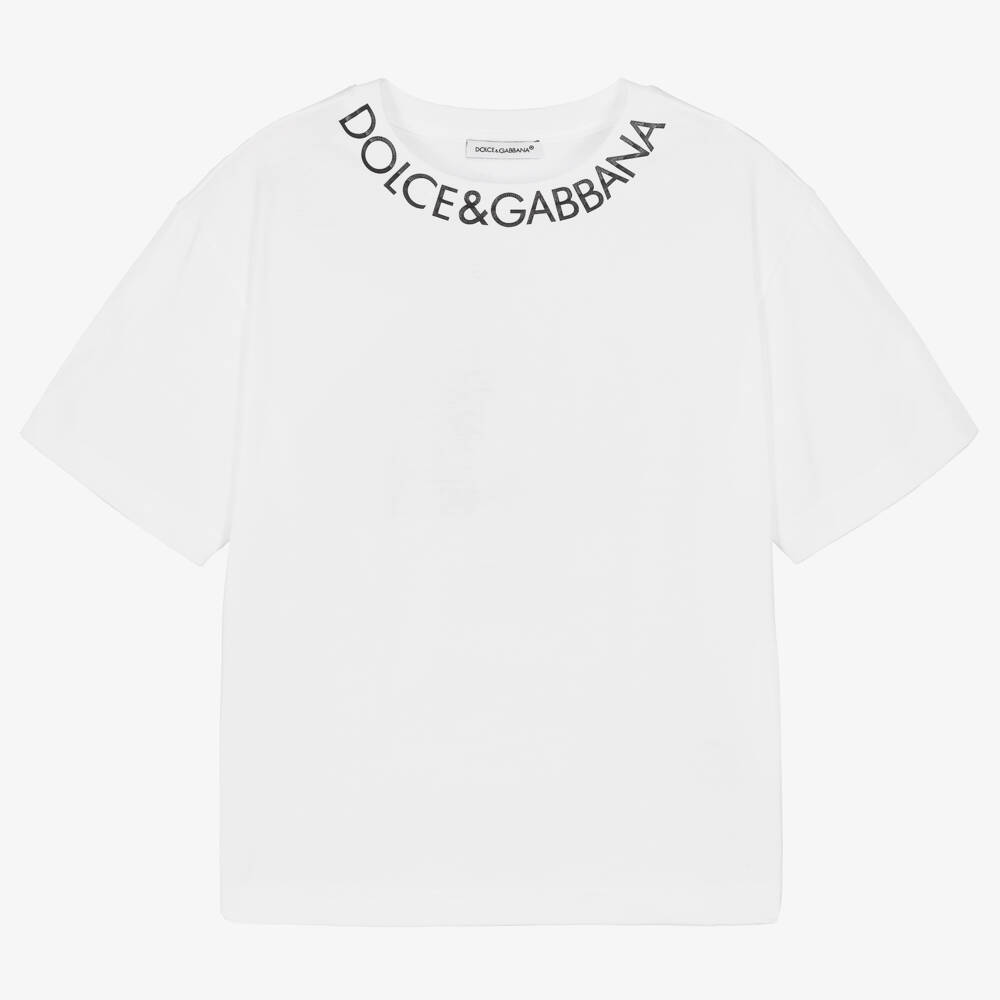 Dolce & Gabbana-White Cotton Jersey T-Shirt With Black Logo | Childrensalon Outlet