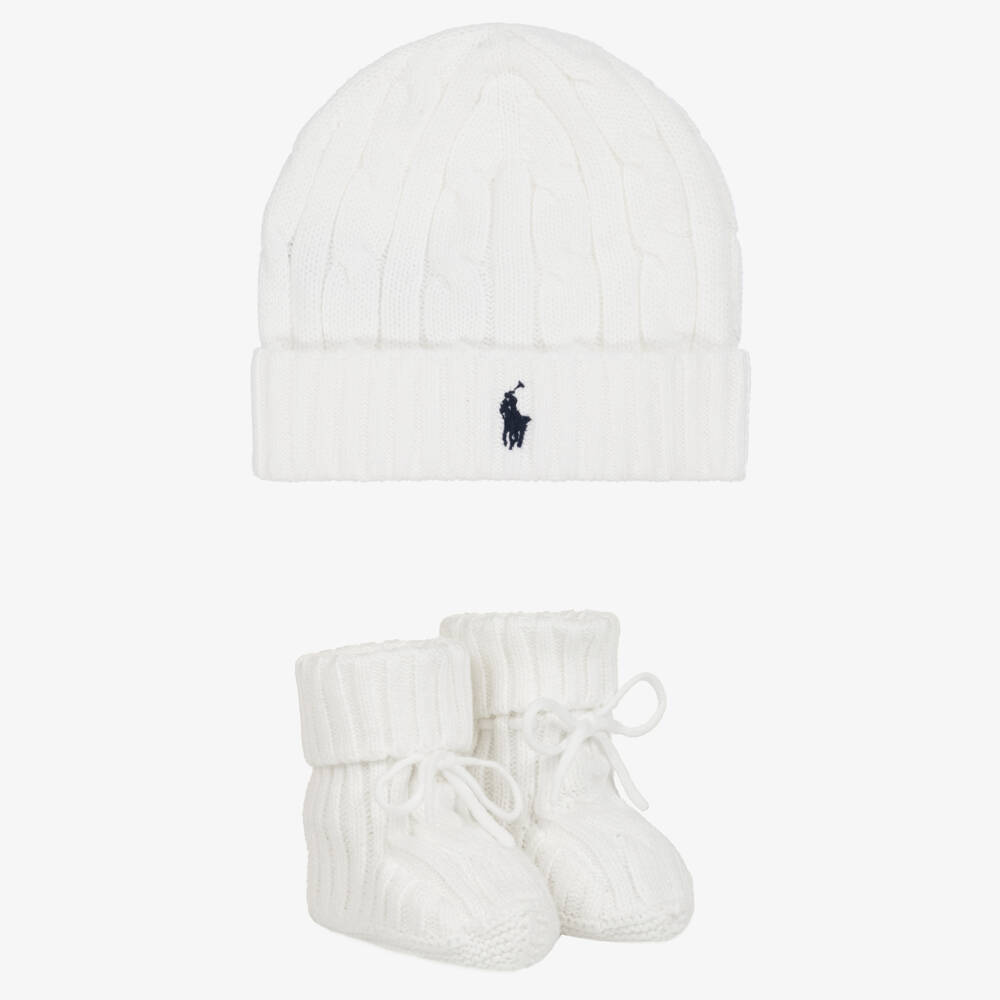 Ralph Lauren-طقم قبعة وجوارب محبوكة باللون الأبيض | Childrensalon Outlet