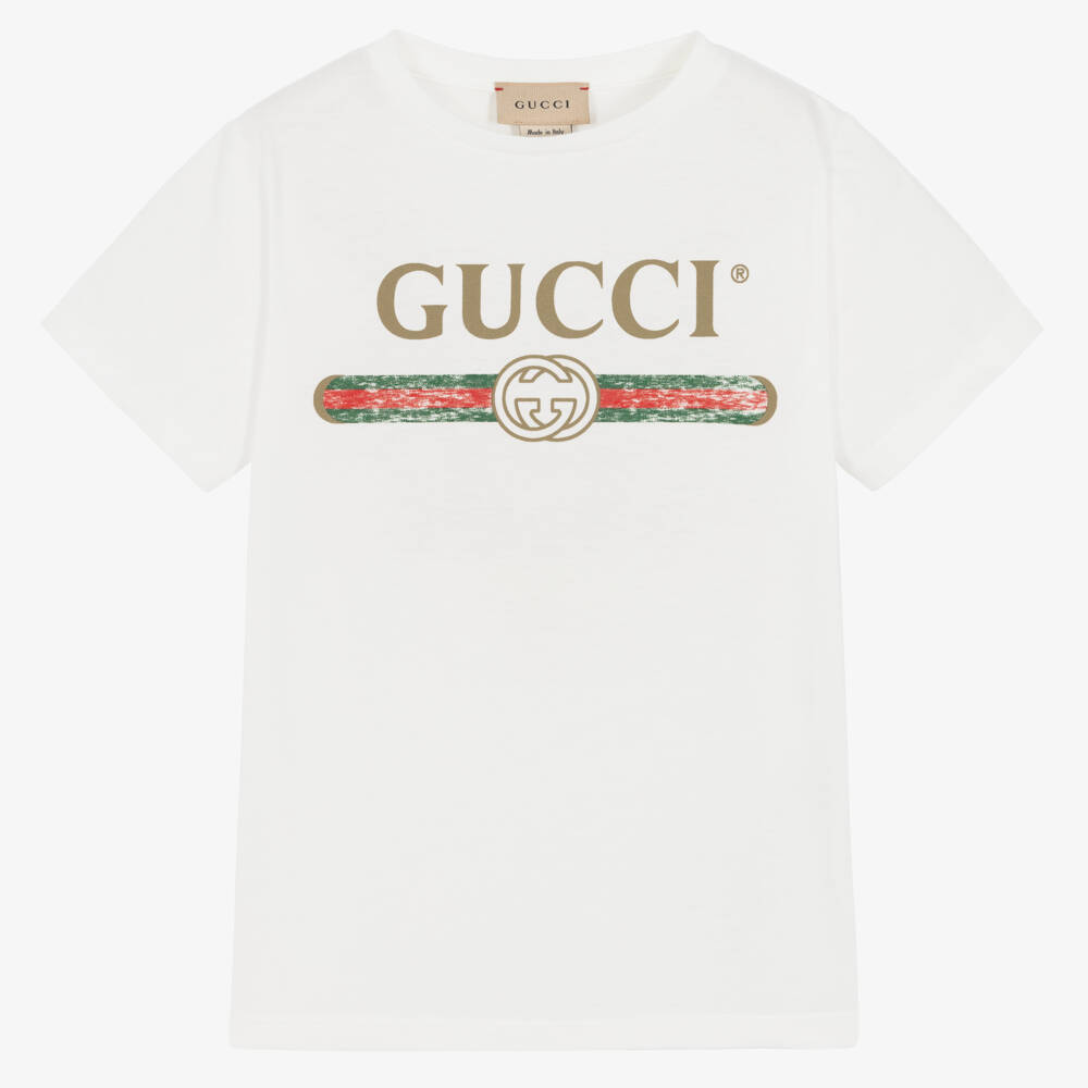 Gucci-White Cotton Logo T-Shirt With Vintage Logo | Childrensalon Outlet