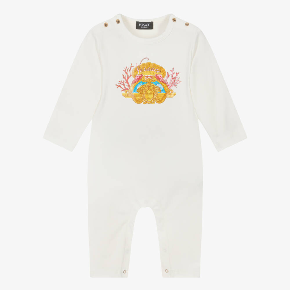 Versace-White Cotton Medusa Coral Print Romper | Childrensalon Outlet