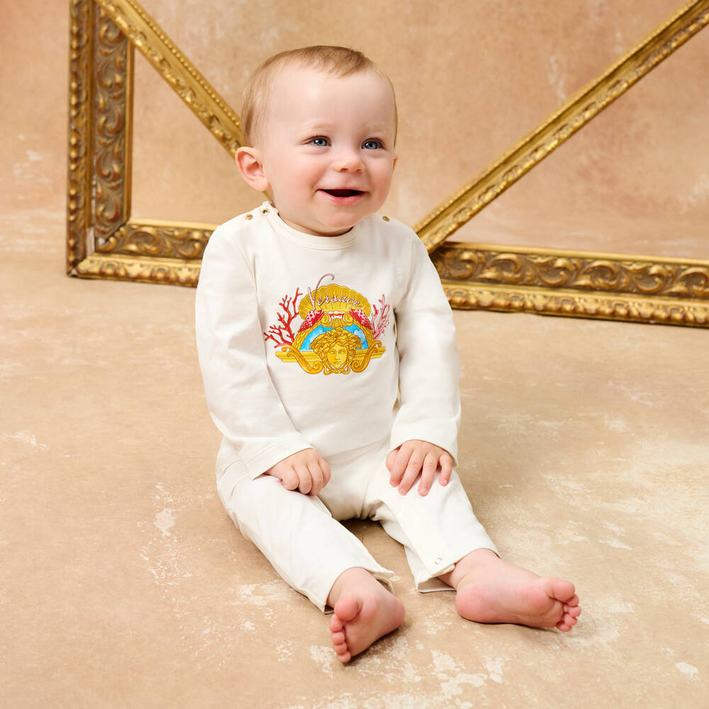 Versace-White Cotton Medusa Coral Print Romper | Childrensalon Outlet