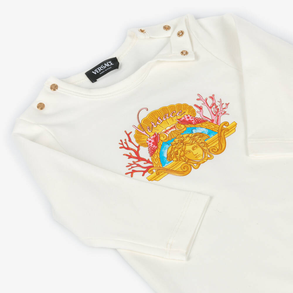 Versace-White Cotton Medusa Coral Print Romper | Childrensalon Outlet