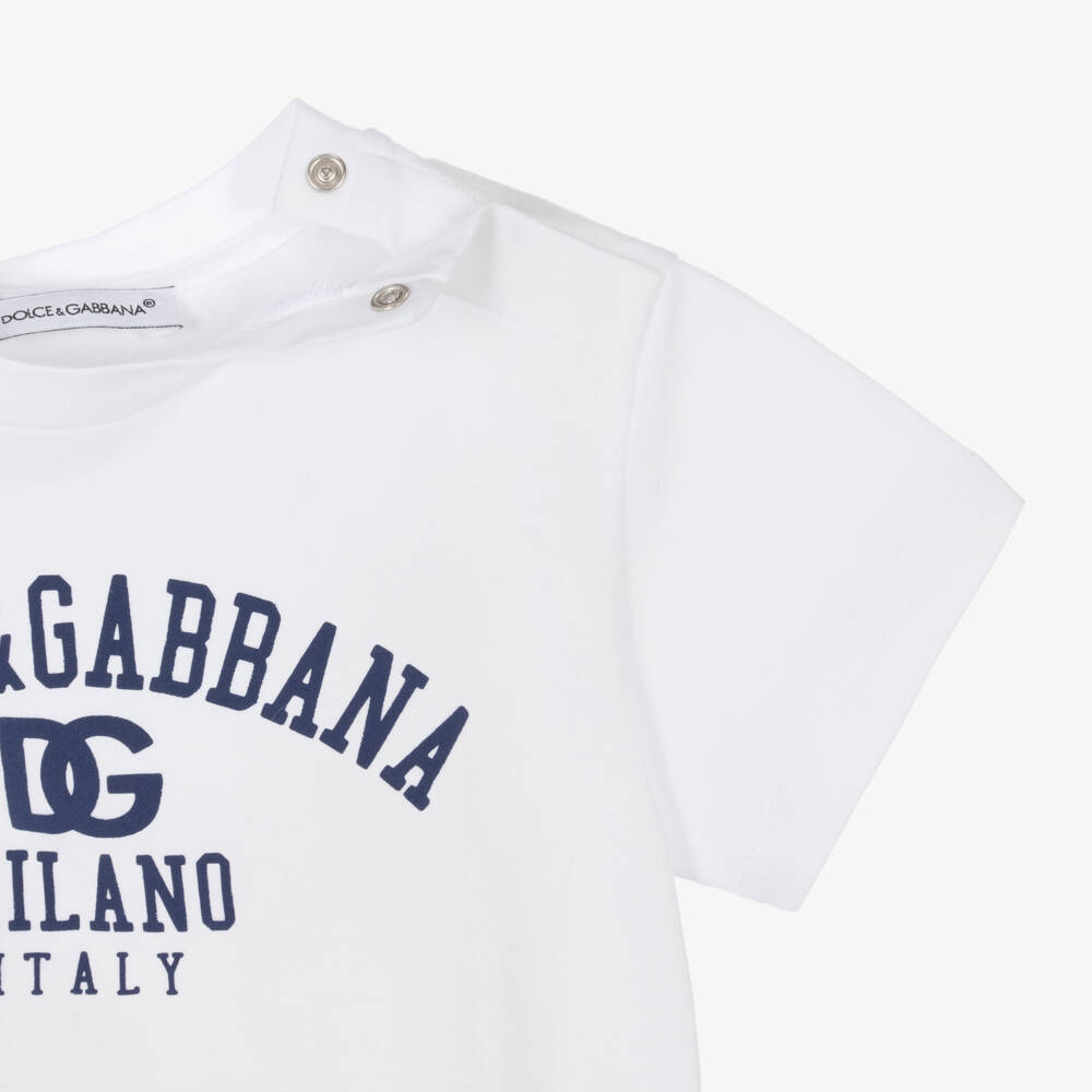 Dolce & Gabbana-White Cotton Milano Logo Baby T-Shirt | Childrensalon Outlet