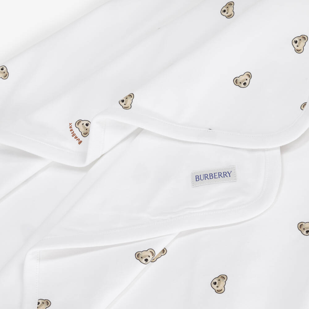 Burberry-White Cotton Thomas Bear Baby Blanket (100cm) | Childrensalon Outlet