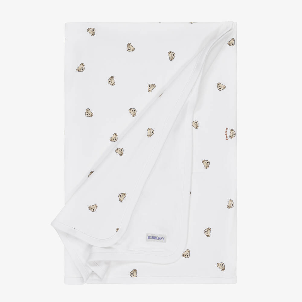 Burberry-White Cotton Thomas Bear Baby Blanket (100cm) | Childrensalon Outlet