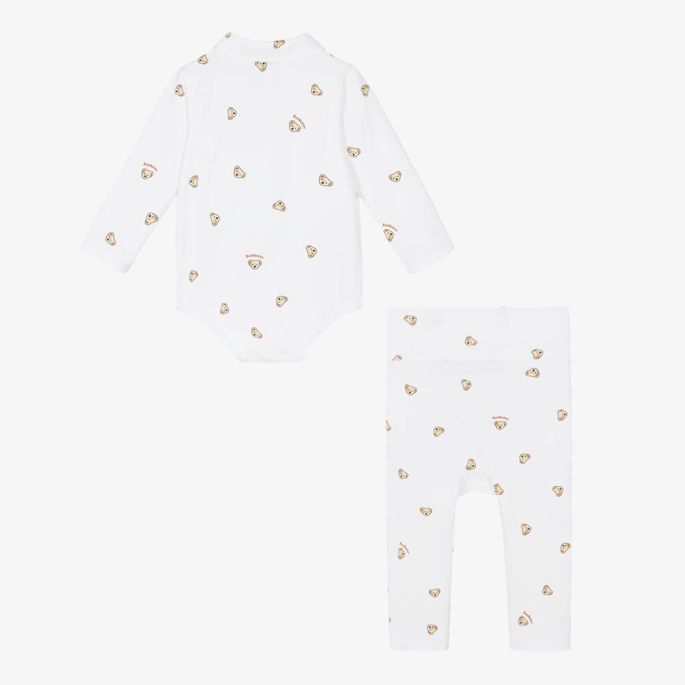 Burberry-White Cotton Thomas Bear Babysuit Gift Set | Childrensalon Outlet