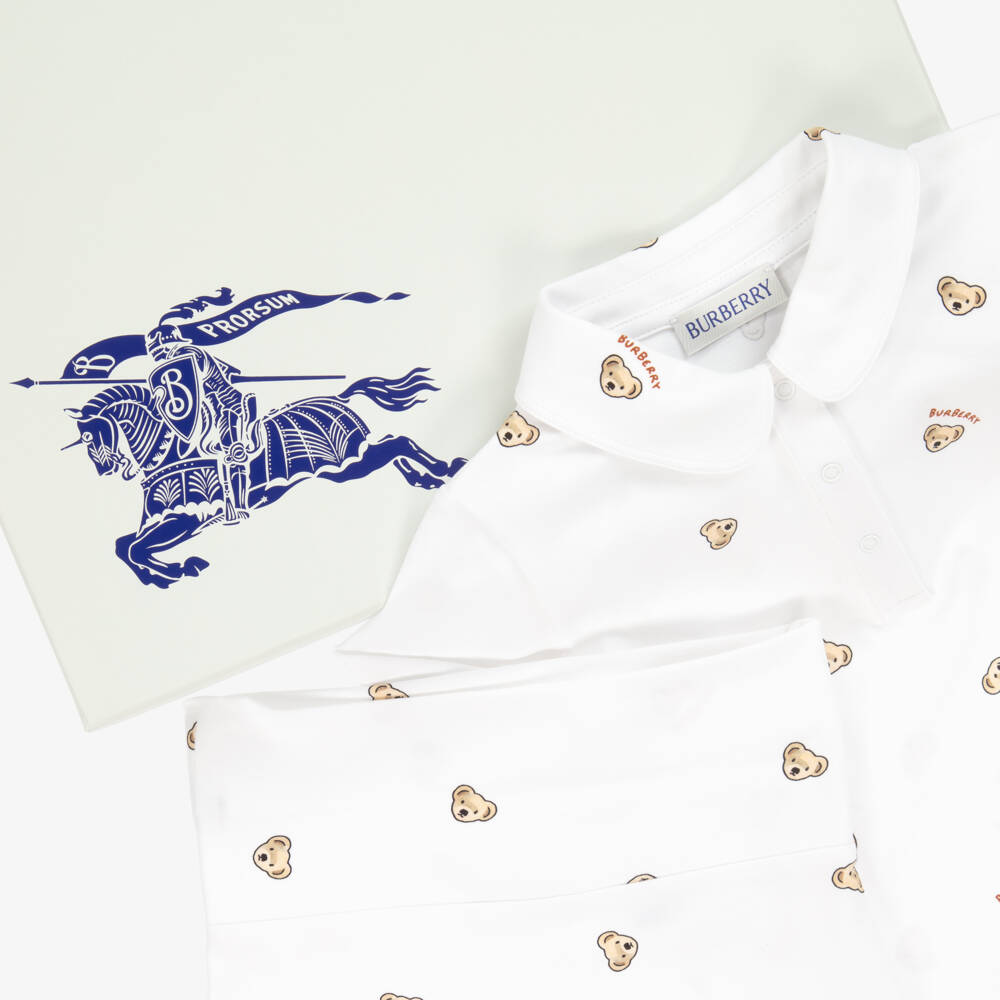 Burberry-White Cotton Thomas Bear Babysuit Gift Set | Childrensalon Outlet