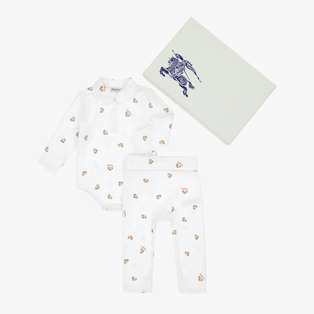 Burberry-White Cotton Thomas Bear Babysuit Gift Set | Childrensalon Outlet