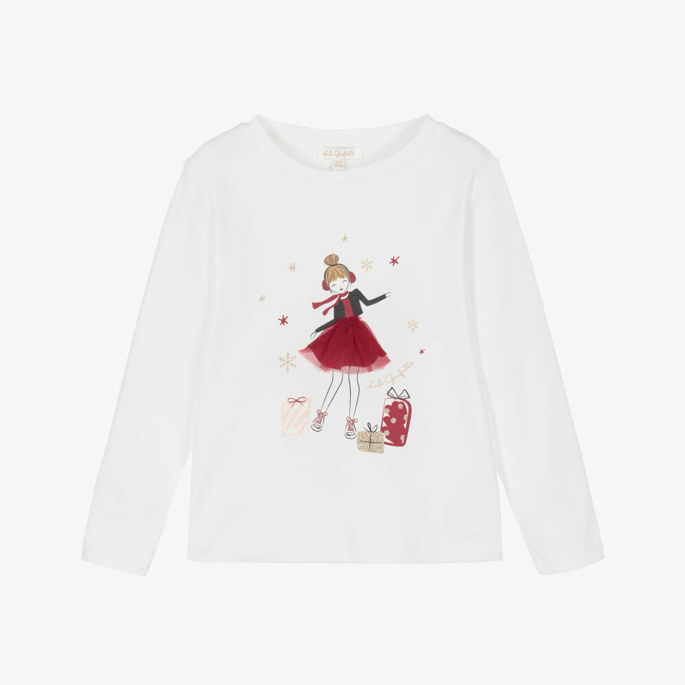 Lili Gaufrette-White Cotton Top with Festive Girl Motif | Childrensalon Outlet