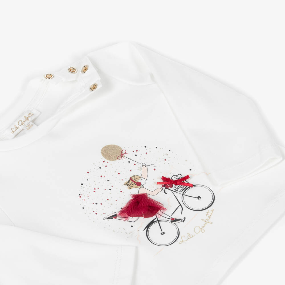 Lili Gaufrette-White Cotton Top with Girl & Bicycle Motif | Childrensalon Outlet
