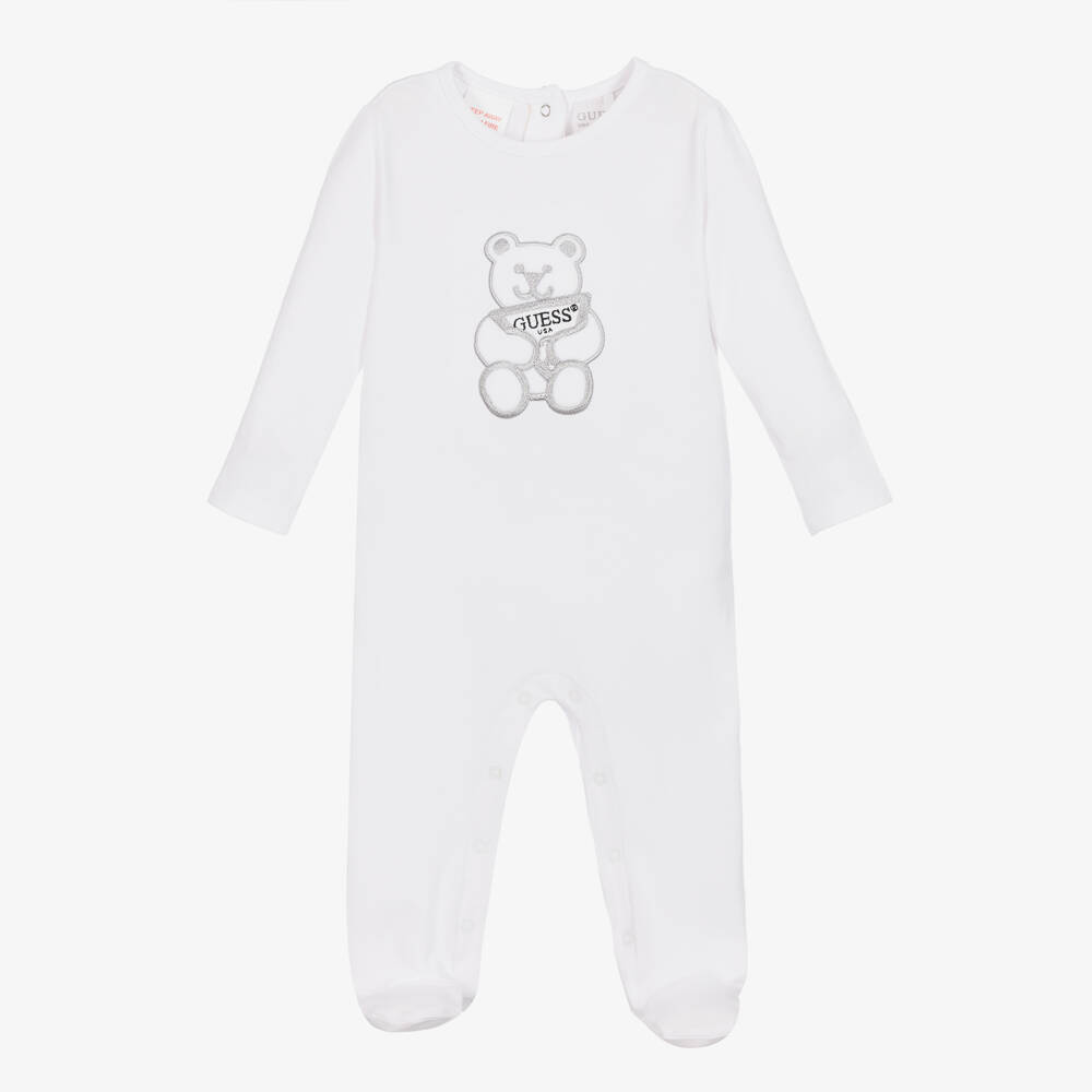 Guess-White Embroidered Cotton Bear Babygrow | Childrensalon Outlet