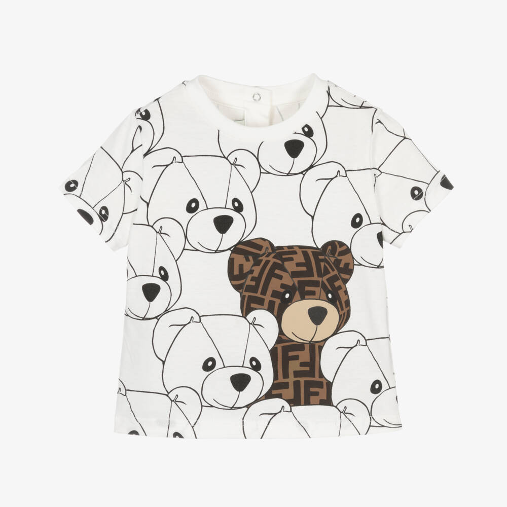 Fendi-White FF Teddy Bear Cotton Baby T-Shirt | Childrensalon Outlet