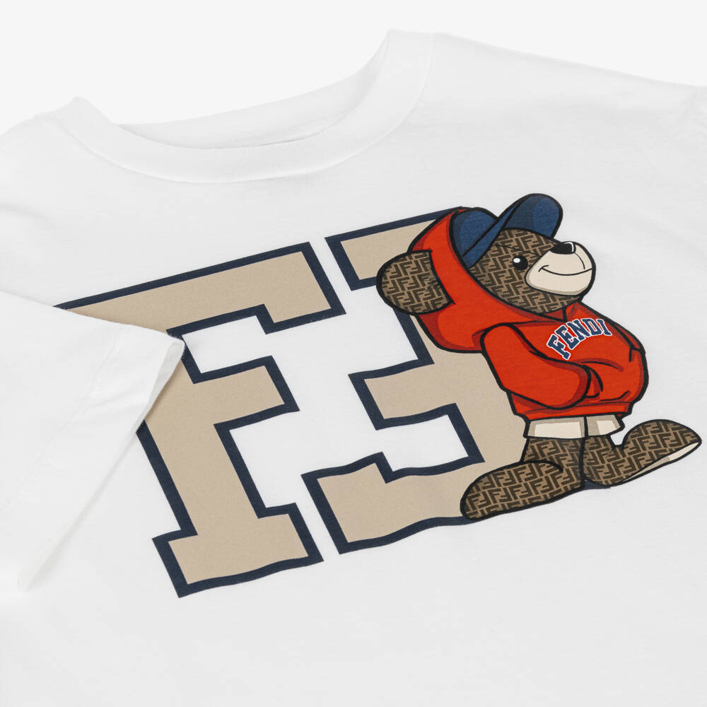 Fendi-White FF Teddy Bear Cotton T-Shirt | Childrensalon Outlet