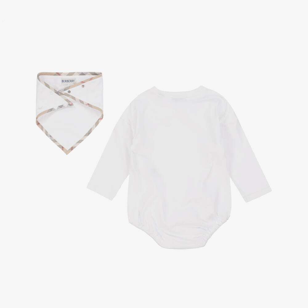 Burberry-White & Ivory Cotton Thomas Bear Babysuit Gift Set | Childrensalon Outlet