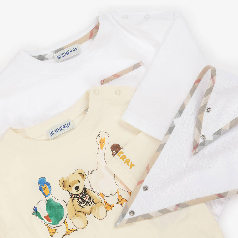Burberry-White & Ivory Cotton Thomas Bear Babysuit Gift Set | Childrensalon Outlet