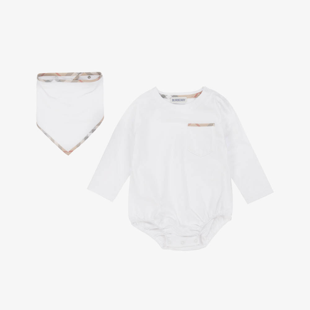Burberry-White & Ivory Cotton Thomas Bear Babysuit Gift Set | Childrensalon Outlet