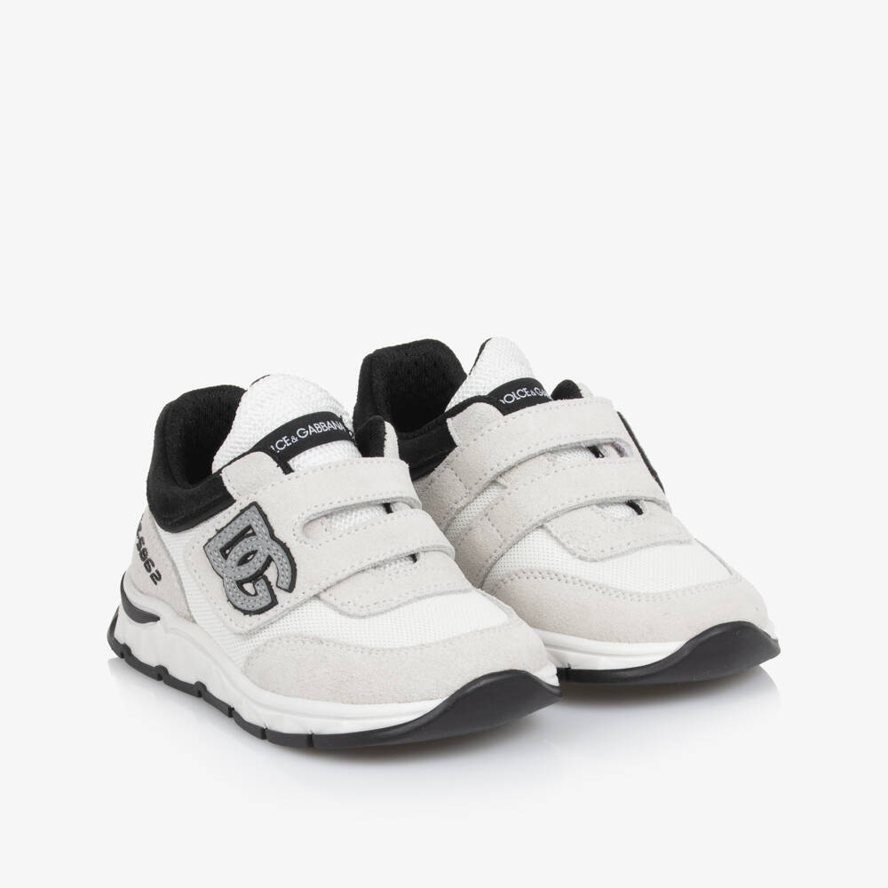Dolce & Gabbana-White & Ivory Suede & Mesh DG Logo Velcro Trainers | Childrensalon Outlet