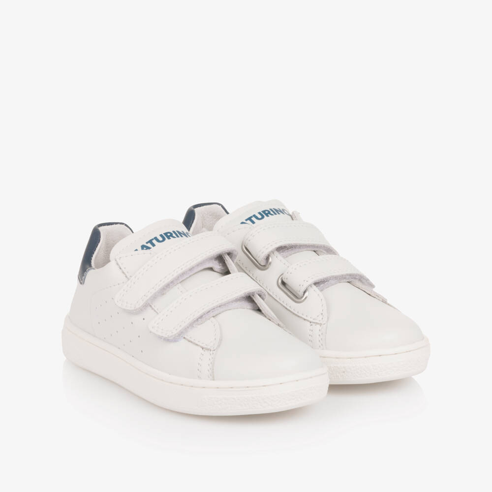 Naturino-White Leather Velcro Trainers with Blue Trim | Childrensalon Outlet