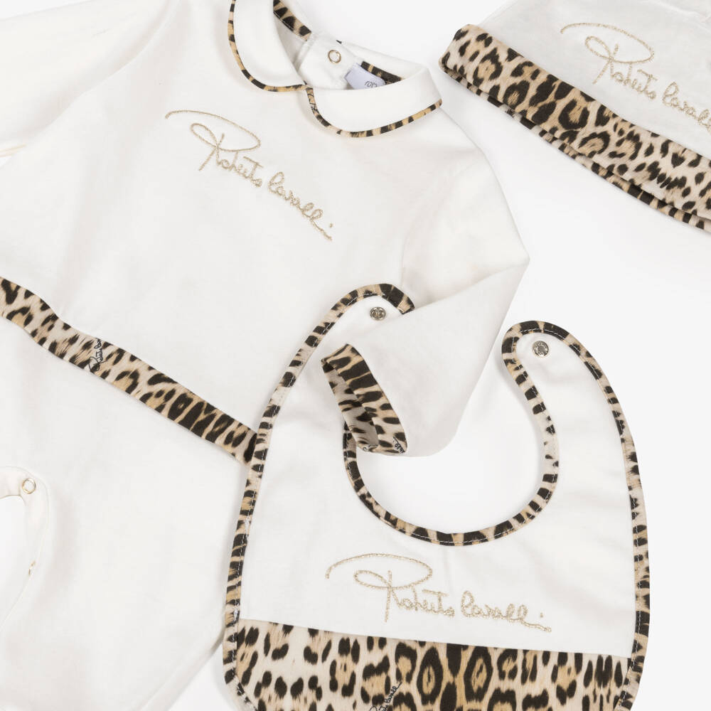 Roberto Cavalli-White & Leopard Print Cotton Babysuit Set with Script Logo | Childrensalon Outlet