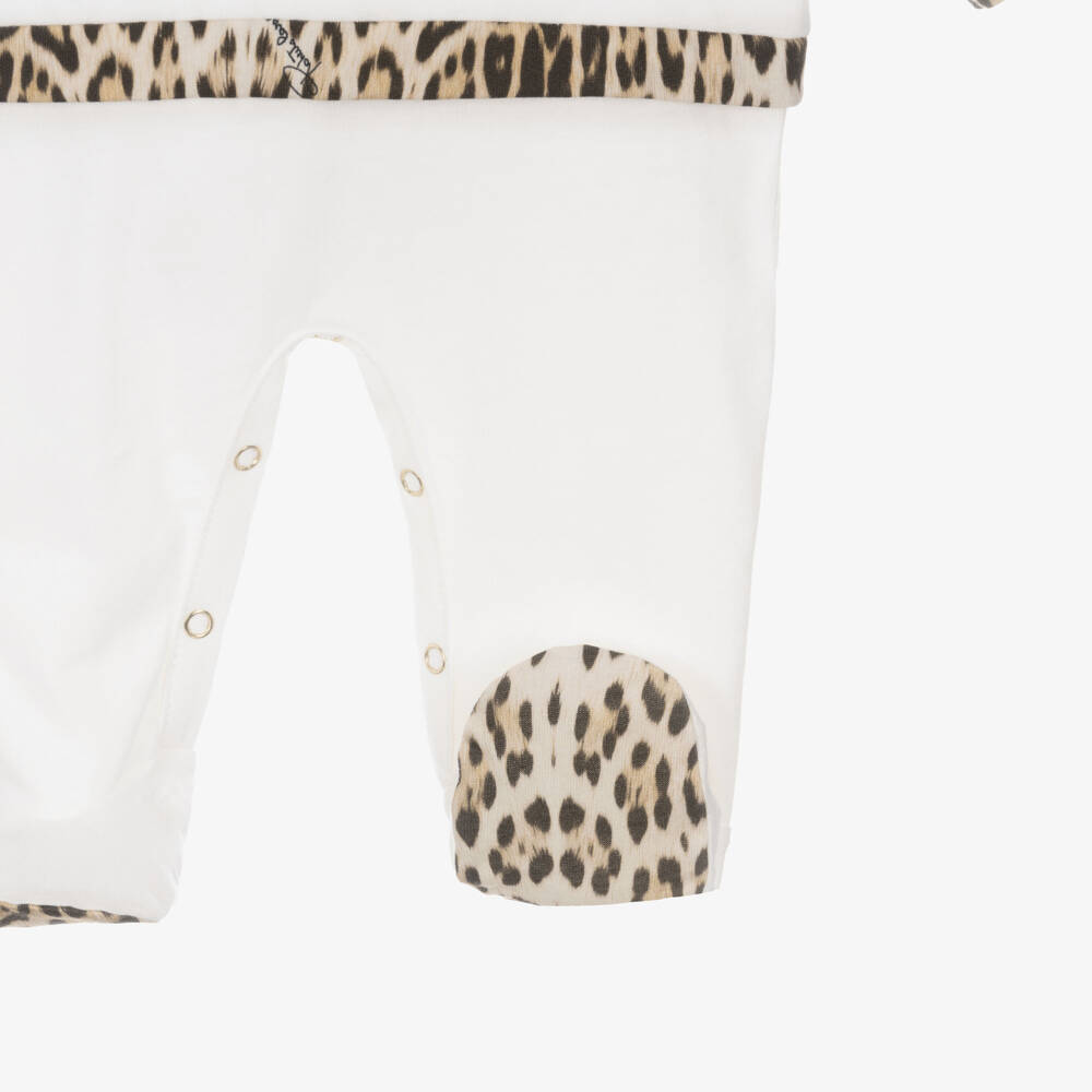 Roberto Cavalli-White & Leopard Print Cotton Babysuit Set with Script Logo | Childrensalon Outlet