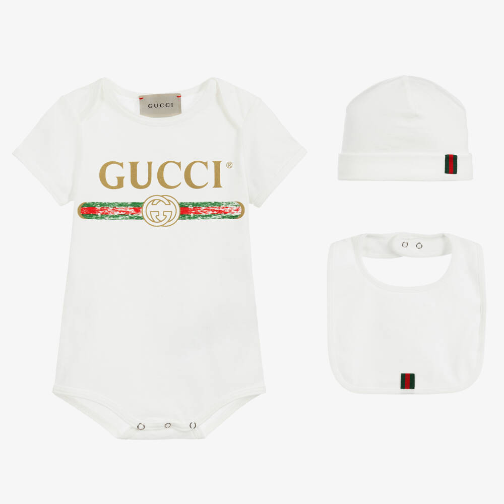 Gucci-White Logo Babysuit Gift Set | Childrensalon Outlet