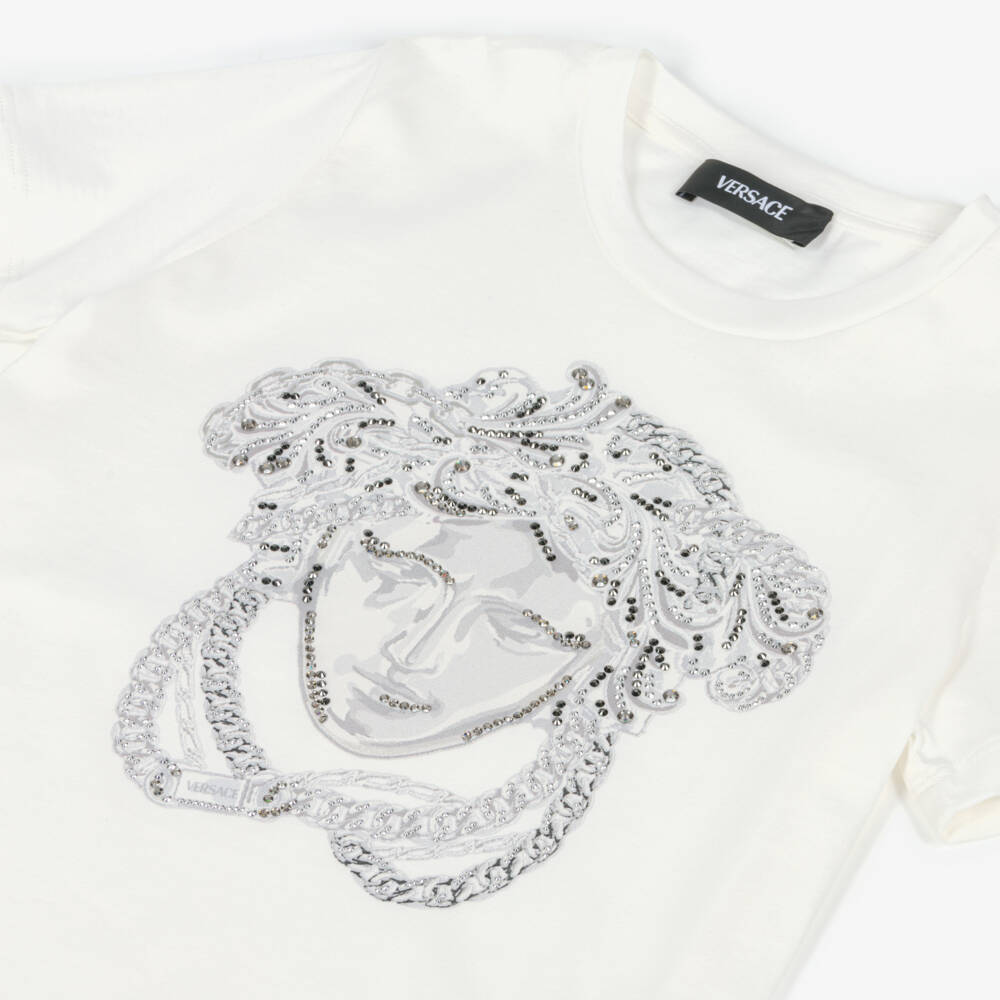 Versace-White Medusa Cotton T-Shirt with Studs & Diamantés | Childrensalon Outlet