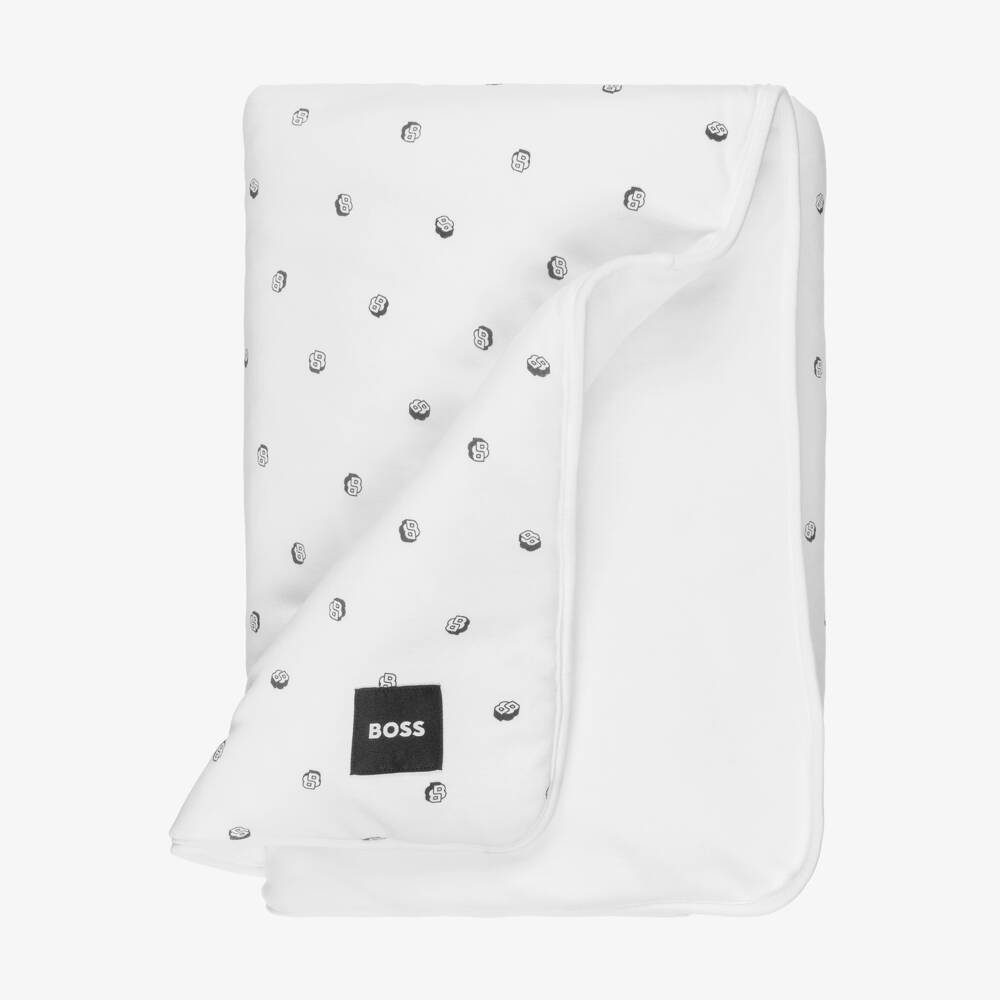 BOSS-White Padded Cotton Monogram Blanket (75cm) | Childrensalon Outlet