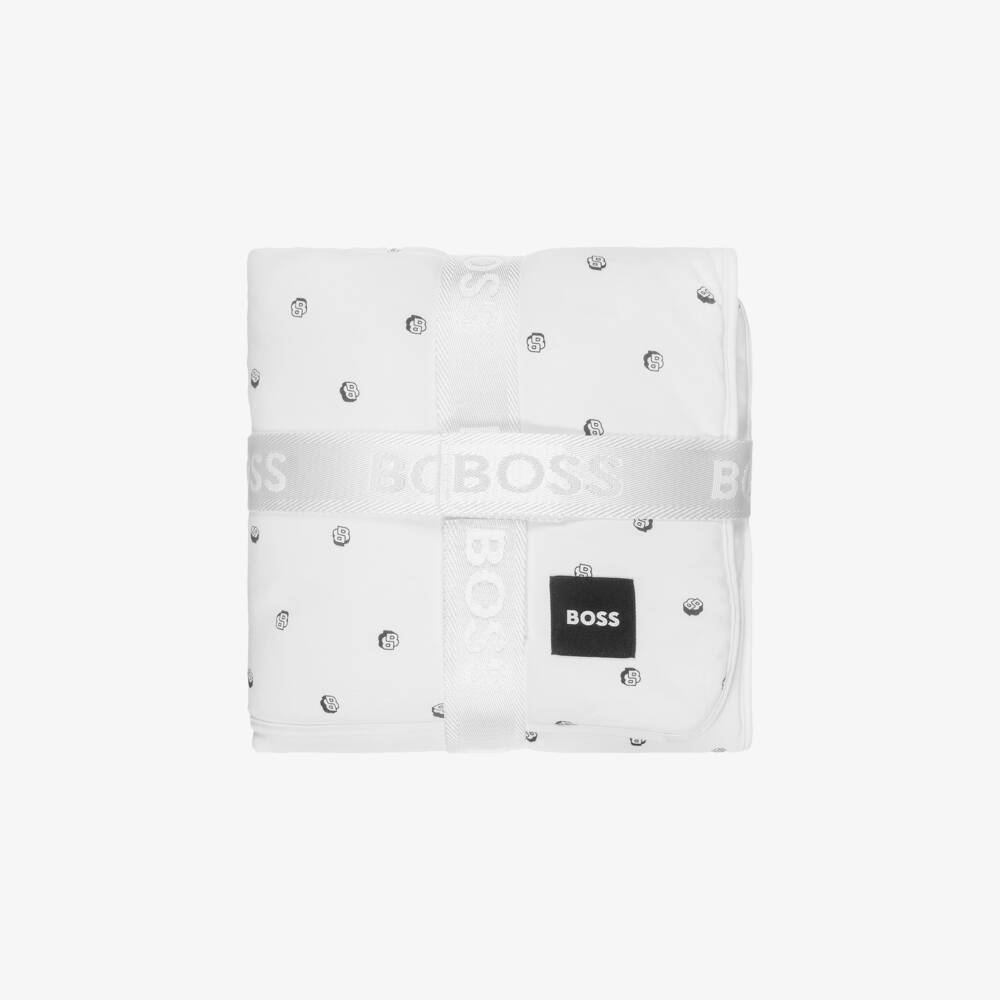 BOSS-White Padded Cotton Monogram Blanket (75cm) | Childrensalon Outlet