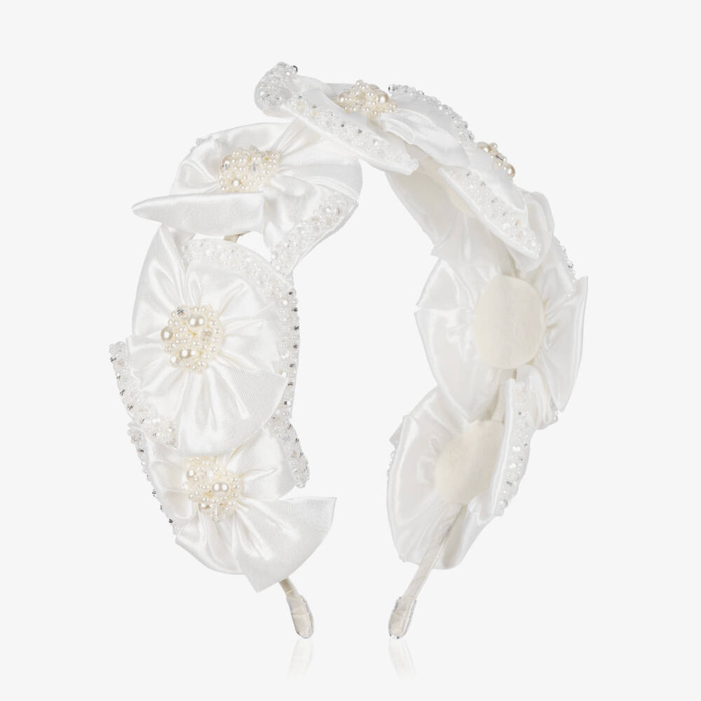Sienna Likes To Party-White Satin Flower Hairband | Childrensalon Outlet