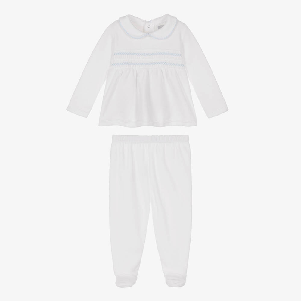 Babidu-White Velour 2 Piece Babygrow with Smocking | Childrensalon Outlet