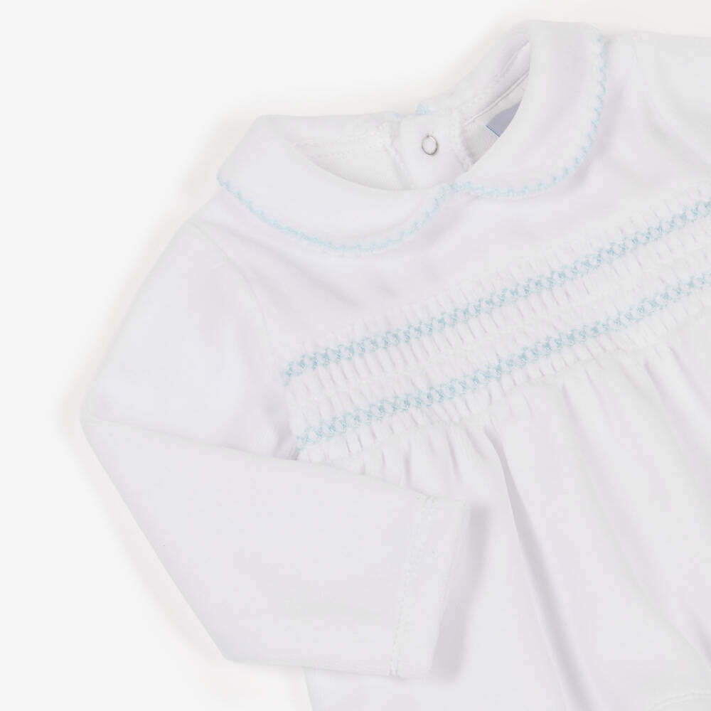 Babidu-White Velour 2 Piece Babygrow with Smocking | Childrensalon Outlet