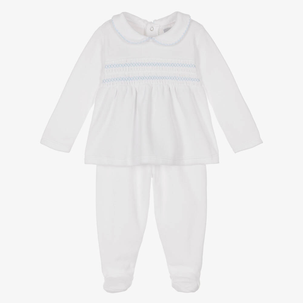 Babidu-White Velour 2 Piece Babygrow with Smocking | Childrensalon Outlet