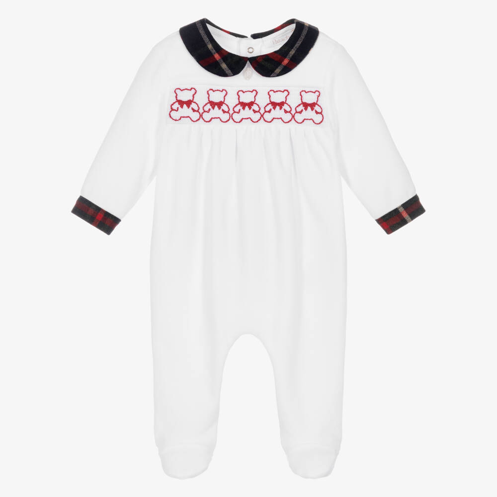 Patachou-أفرول بيبي مخمل أبيض بتفاصيل تارتان | Childrensalon Outlet