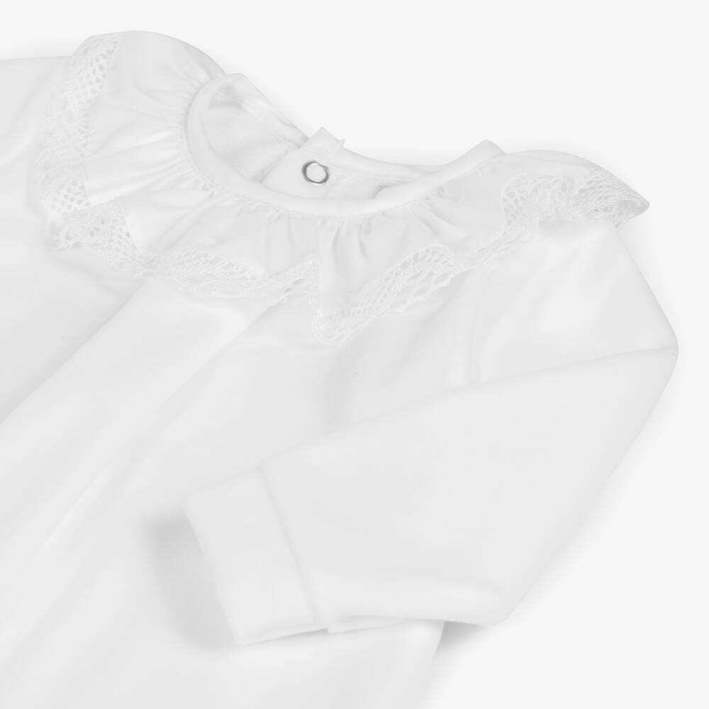 Babidu-White Velour Babygrow With Lace Trim Collar | Childrensalon Outlet