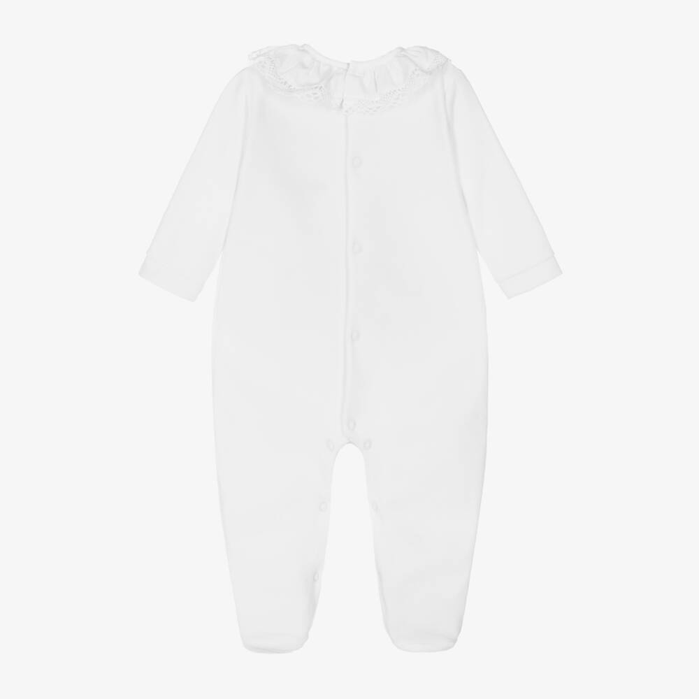Babidu-White Velour Babygrow With Lace Trim Collar | Childrensalon Outlet