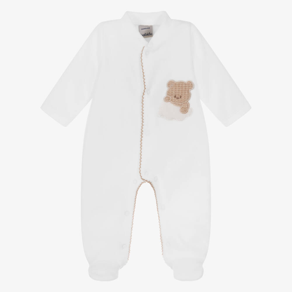 Babidu-White Velour Teddy Bear Babygrow | Childrensalon Outlet