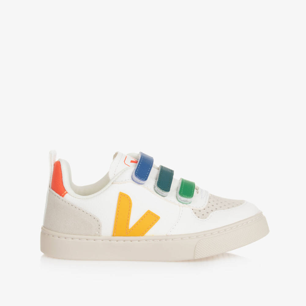VEJA-White & Yellow Leather V-10 Velcro Trainers | Childrensalon Outlet