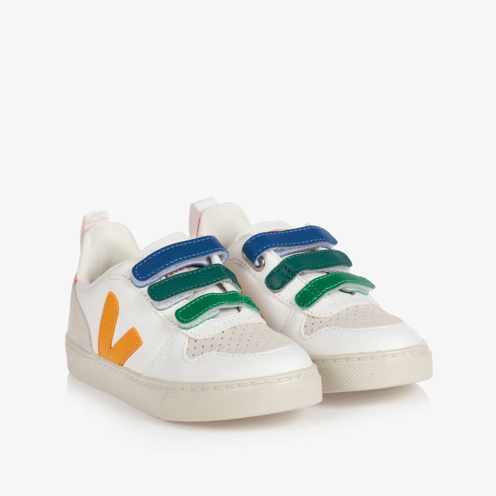 VEJA-White & Yellow Leather V-10 Velcro Trainers | Childrensalon Outlet