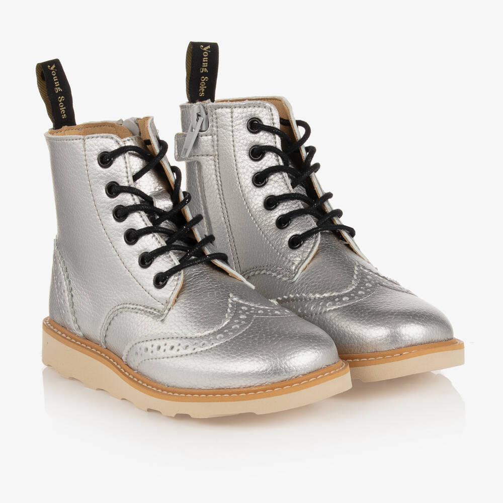 Young Soles-Boys Silver Leather Brogue Boots | Childrensalon Outlet