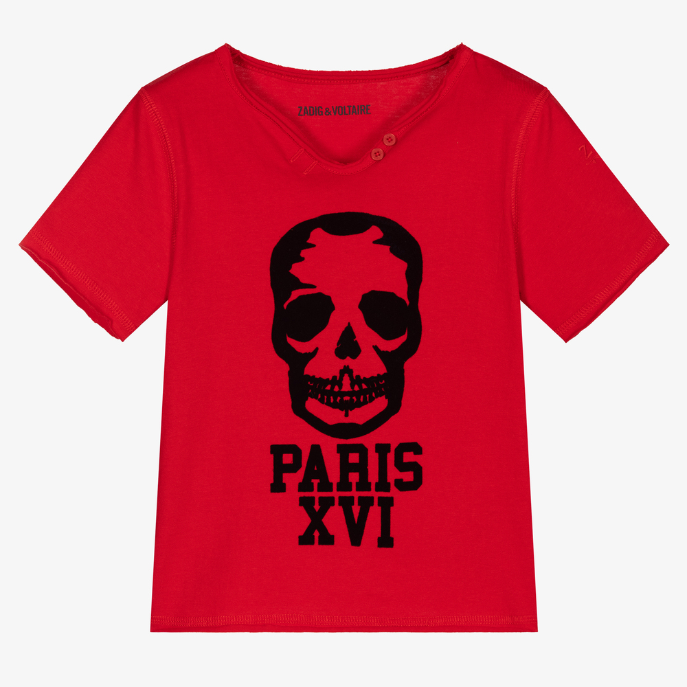 Zadig&Voltaire - Rotes Baumwoll-T-Shirt mit Totenkopf (J) | Childrensalon