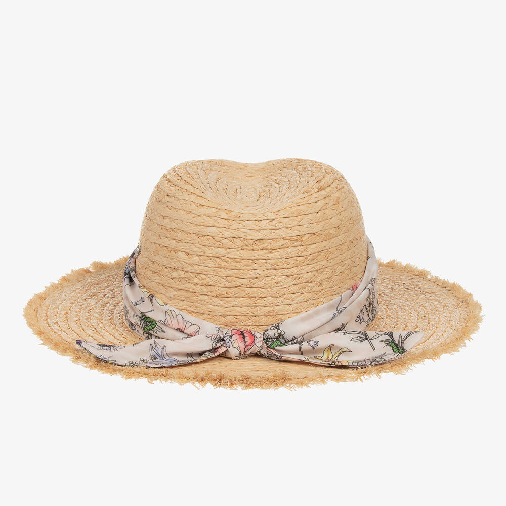 Zadig&Voltaire-Girls Beige Raffia & Floral Straw Hat  | Childrensalon Outlet