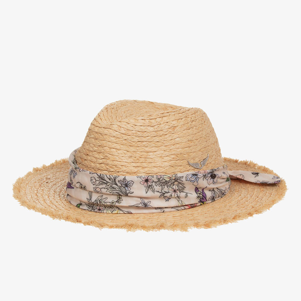 Zadig&Voltaire-Girls Beige Raffia & Floral Straw Hat  | Childrensalon Outlet
