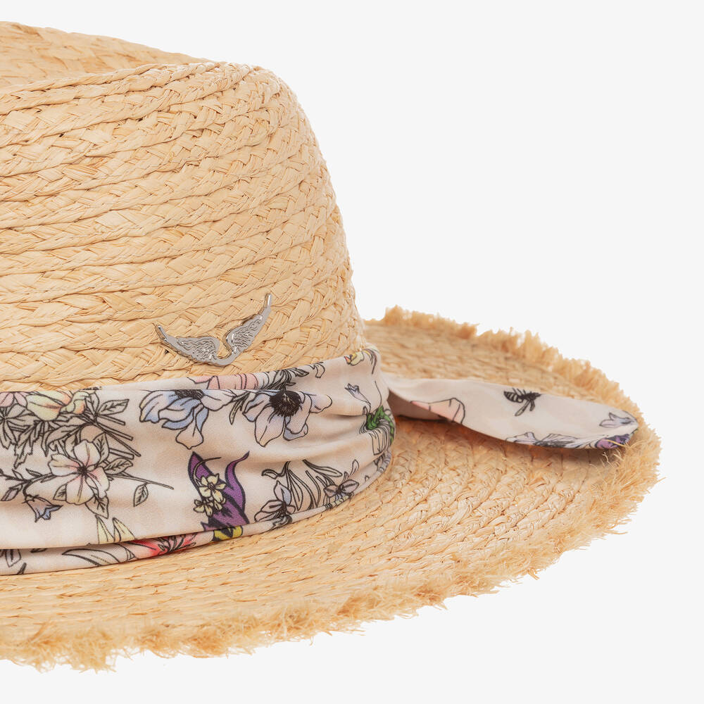 Zadig&Voltaire-Girls Beige Raffia & Floral Straw Hat  | Childrensalon Outlet