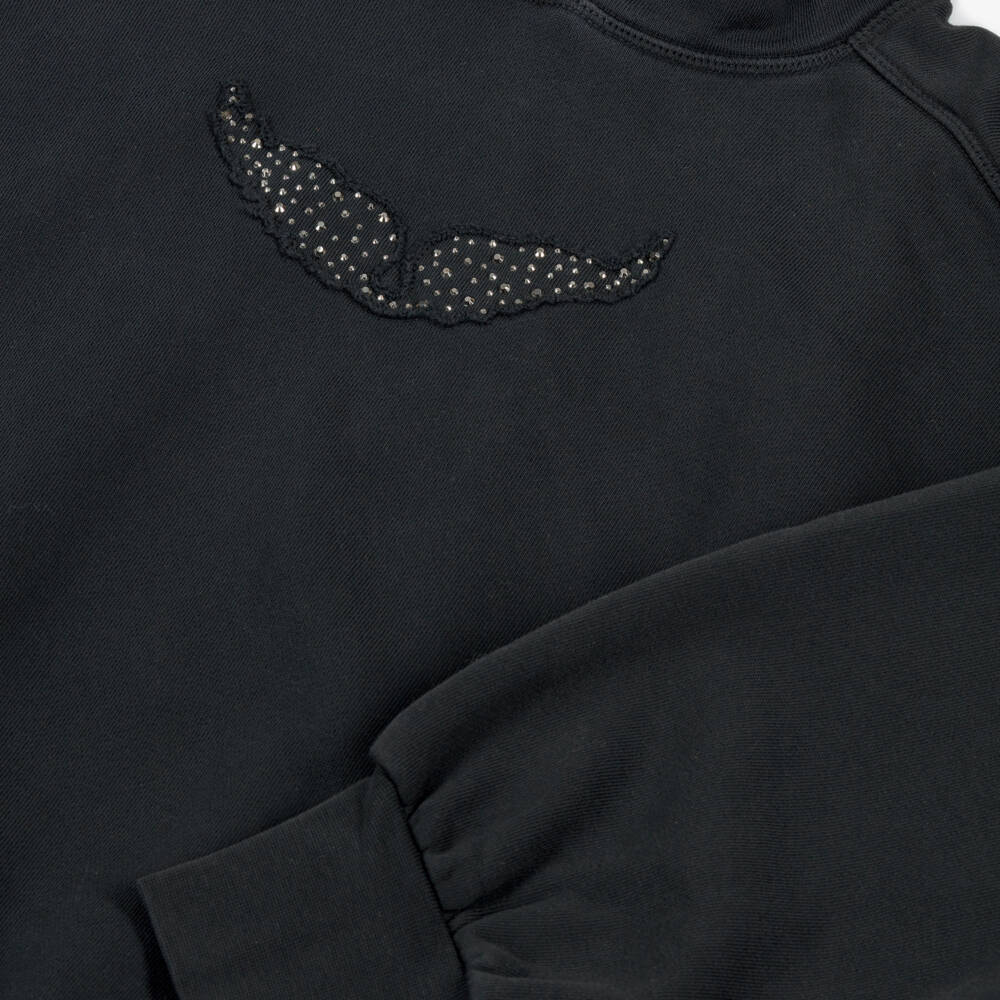 Zadig&Voltaire-Girls Black Cotton Hoodie with Diamanté Wings Logo | Childrensalon Outlet