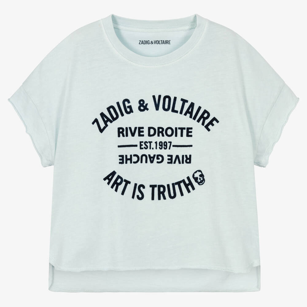 Zadig&Voltaire - Girls Blue Cotton Logo T-Shirt | Childrensalon