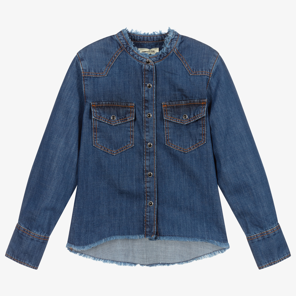 Zadig&Voltaire-Girls Blue Denim Skull Shirt  | Childrensalon Outlet